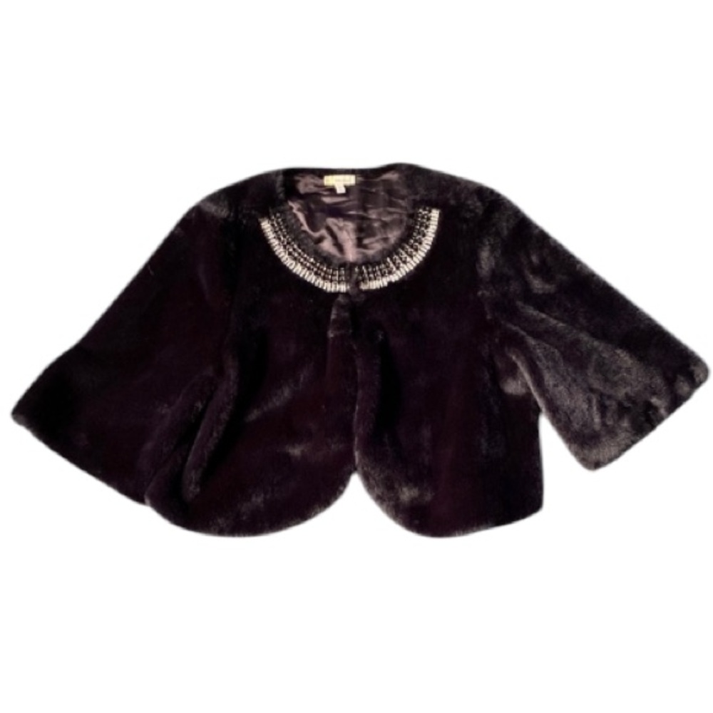 Fabulous Black Faux Fur women’s Jacket shrug 3/4 sleeves with bling sz XL - Picture 1 of 6